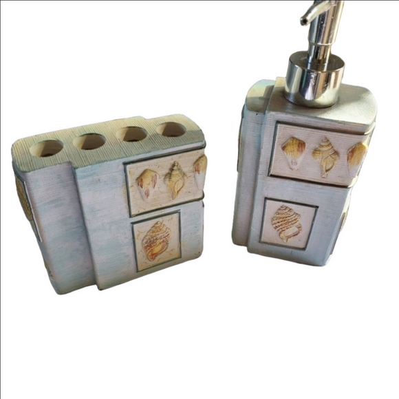 None Other - Seashell Coastal Ocean Silver Toothbrush Holder Soap Dispenser Bathroom Set